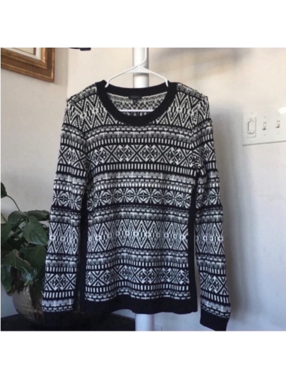 Talbots Fair Isle knit Thermolite Sweater Sz S Black White crew